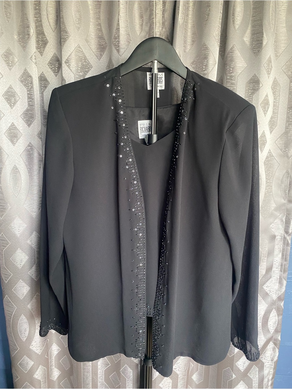 R&M Richards Karen Kwong Black Sequin Beaded 2 Pc Jacket Vest Set Sz 12